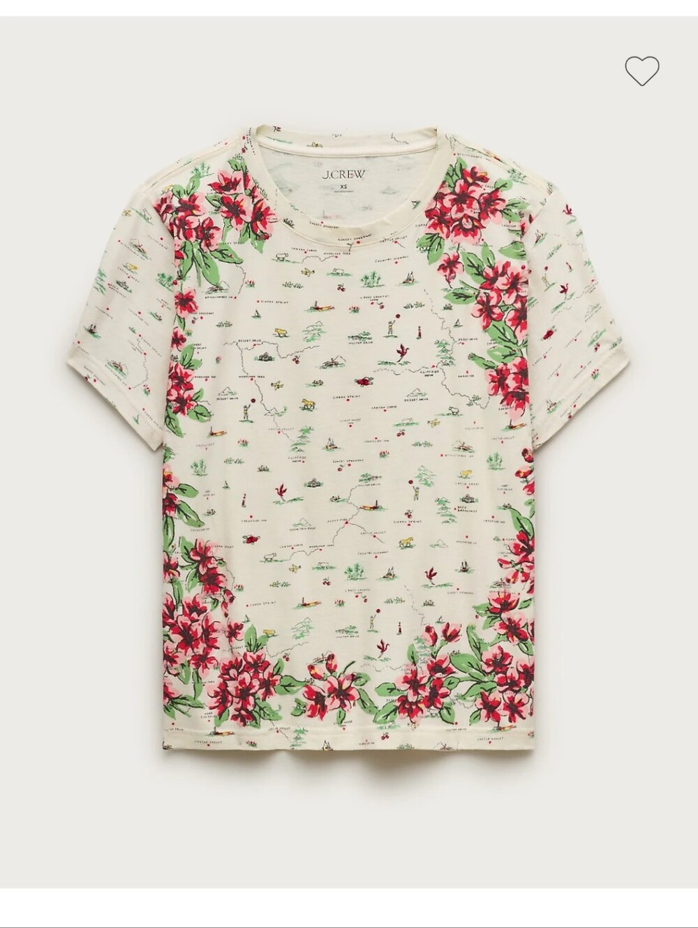 J. Crew Map Print Cream Short-Sleeve Crewneck Tee with Raspberry Floral Border